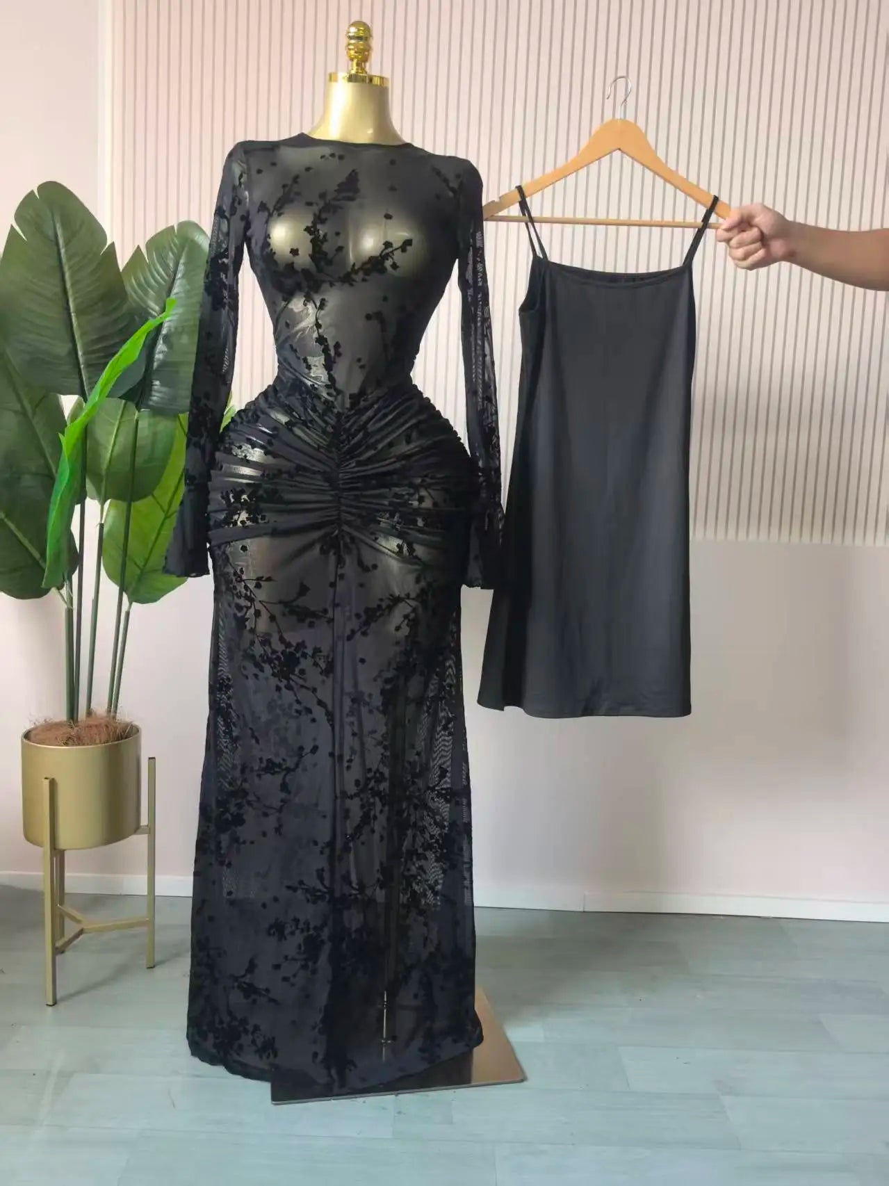 Mesh Bodycon Flare Sleeve Maxi Dress