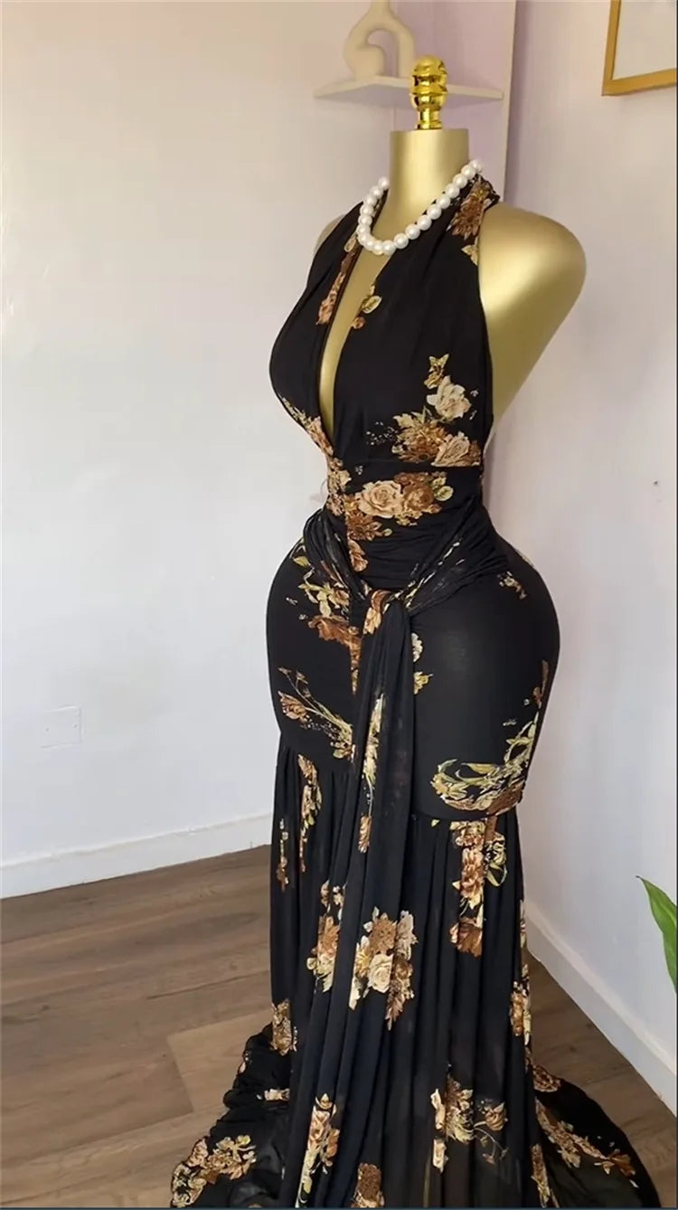 Floral Halter V-Neck Backless Ruched Ruffle Maxi Dress