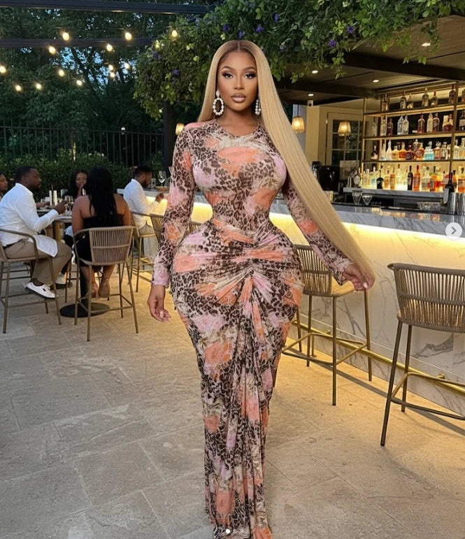 Tie Dye Ruched Bodycon Maxi Dress – Long Sleeve Floor-Length Vacation Dress