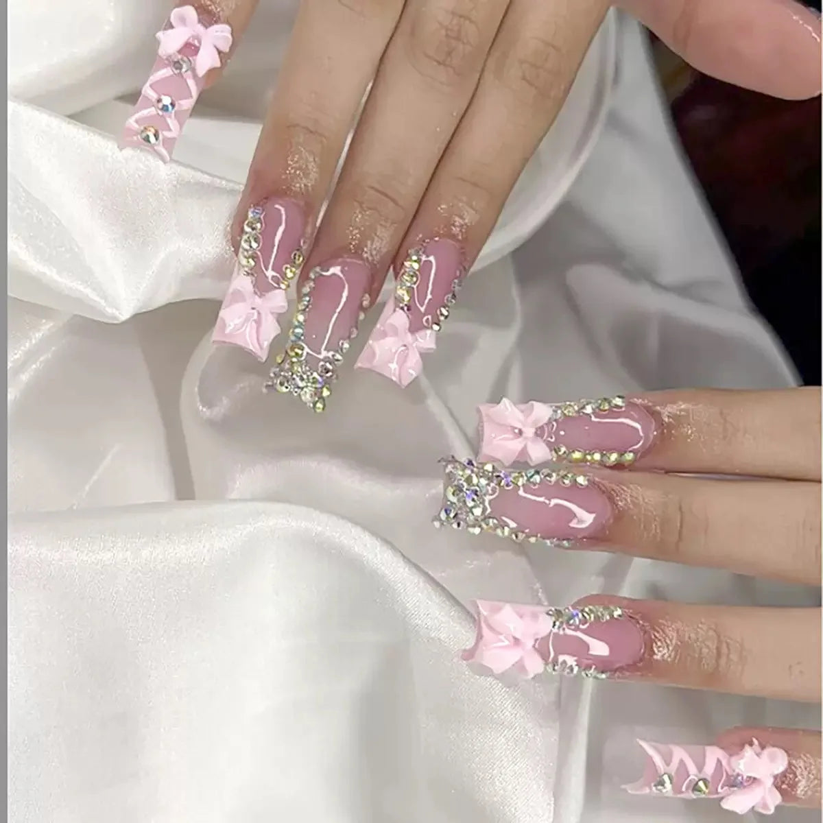 White French Diamond Flower Press-On Nails - Coffin Ballerina