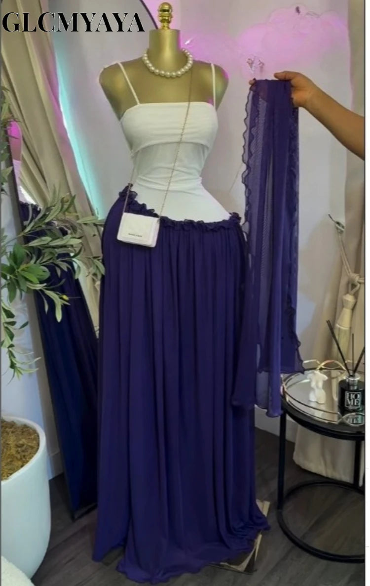 Patchwork Ruffle Strap A-Line Maxi Dress with Scarf
