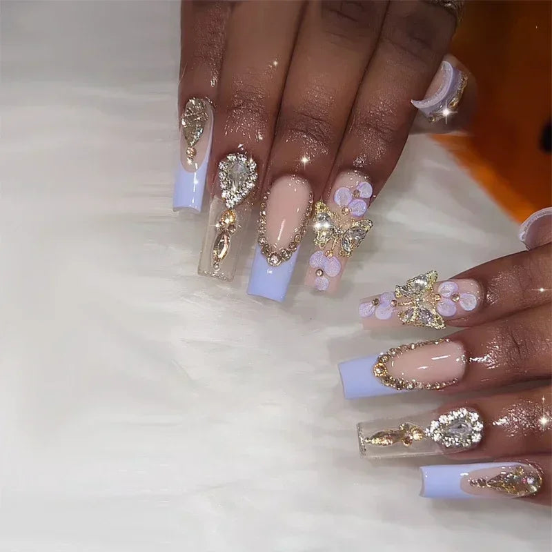Diamond & Gold Butterfly Press-On Nails – 24pcs Long Elegant Acrylic