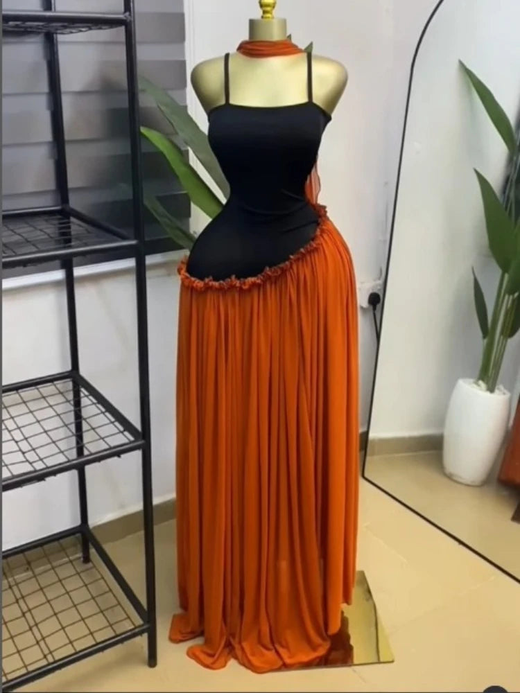 Patchwork Ruffle Strap A-Line Maxi Dress with Scarf