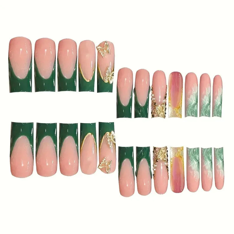 Diamond & Gold Butterfly Press-On Nails – 24pcs Long Elegant Acrylic