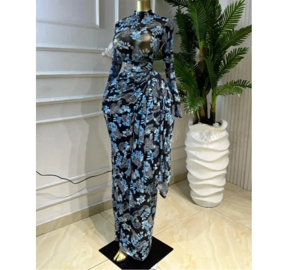 Floral Mesh Draped Wrap Maxi Dress
