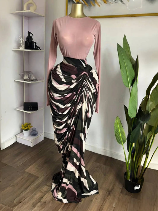 Tie Dye Patchwork Pleated Maxi Dress – Long Sleeve Bodycon Floor-Length Dress