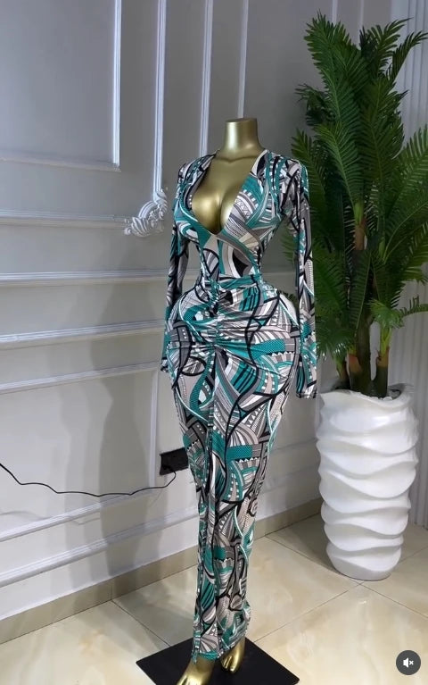 Printed V-Neck Ruched Bodycon Maxi Dress