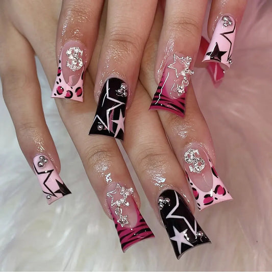 Y2K Punk Press-On Nails – 24pcs Duckbill Rhinestone & Star Decor