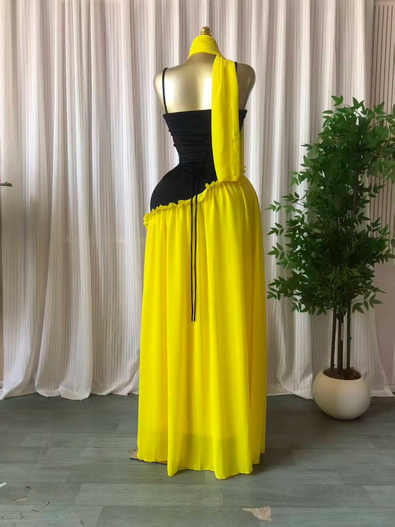 Patchwork Ruffle Strap A-Line Maxi Dress with Scarf