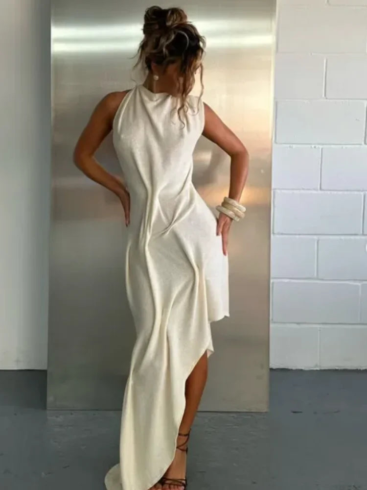 Soft Halter Ruched Asymmetrical Maxi Dress