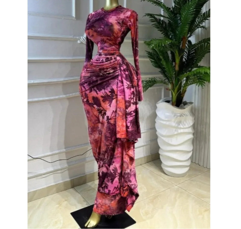 Tie Dye Ruched Ribbon Maxi Dress – Elegant Floor-Length Evening Dress