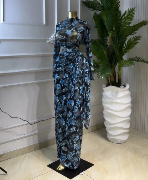 Floral Mesh Draped Wrap Maxi Dress