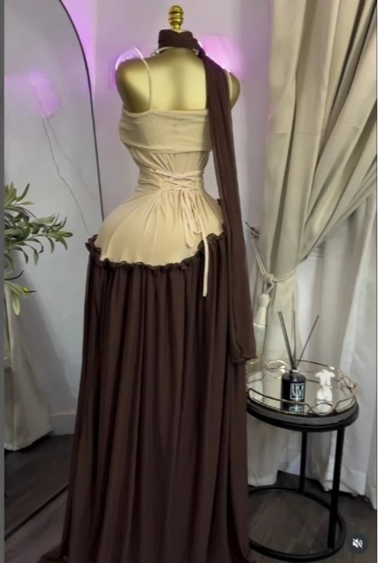 Patchwork Ruffle Strap A-Line Maxi Dress with Scarf