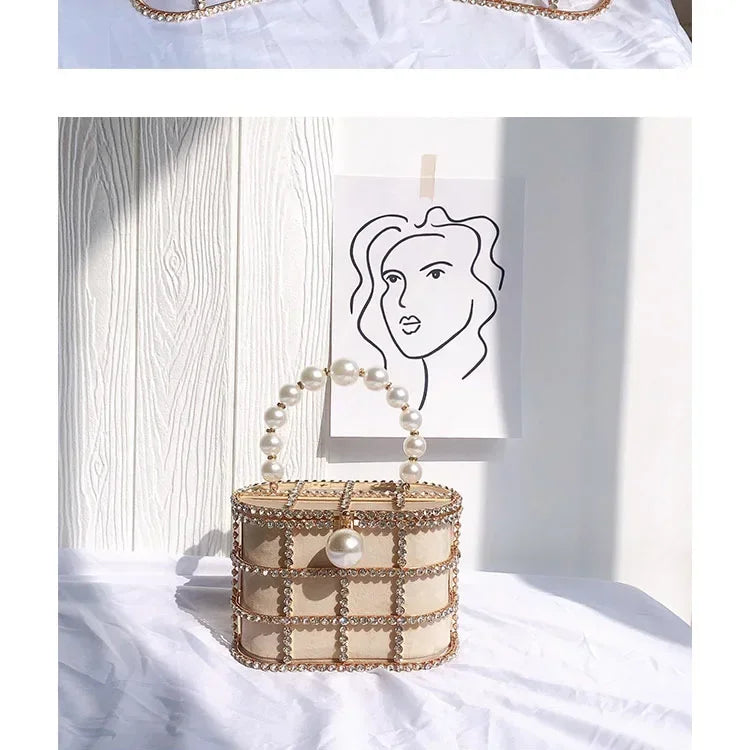 Luxe Pearl & Diamond Metallic Evening Bag