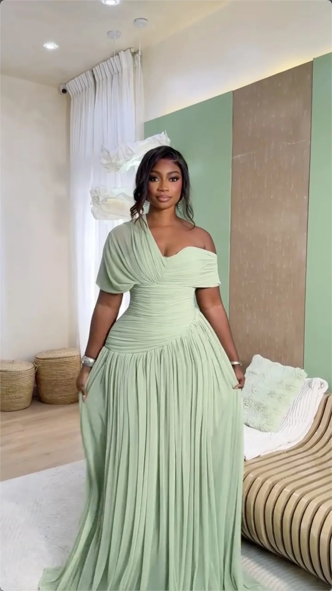 Sage Green One-Shoulder Ruched A-Line Maxi Dress