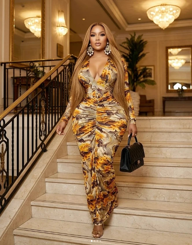 Printed V-Neck Ruched Bodycon Maxi Dress