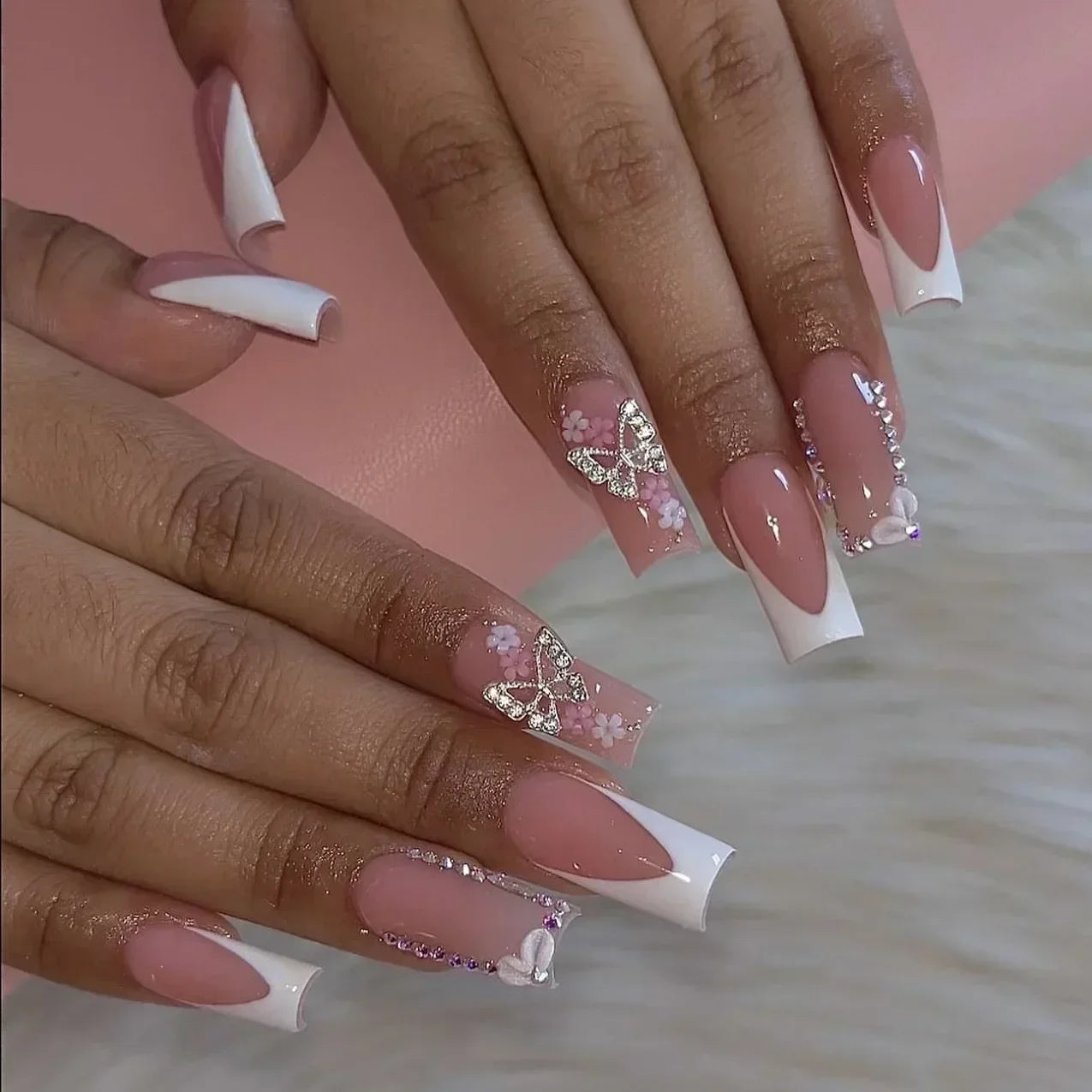 Diamond & Gold Butterfly Press-On Nails – 24pcs Long Elegant Acrylic
