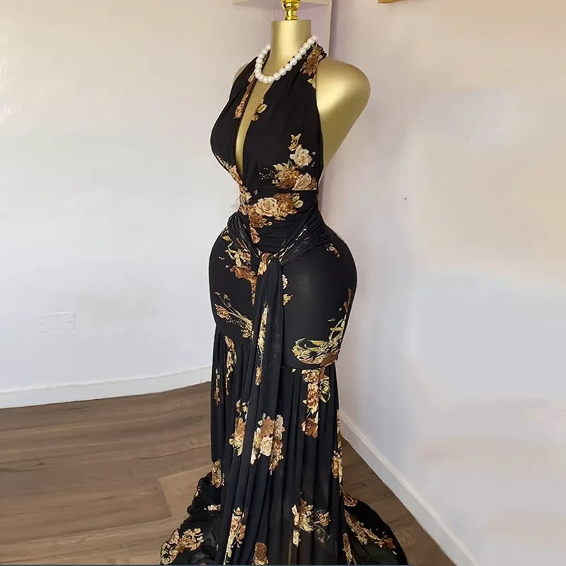 Floral Halter V-Neck Backless Ruched Ruffle Maxi Dress
