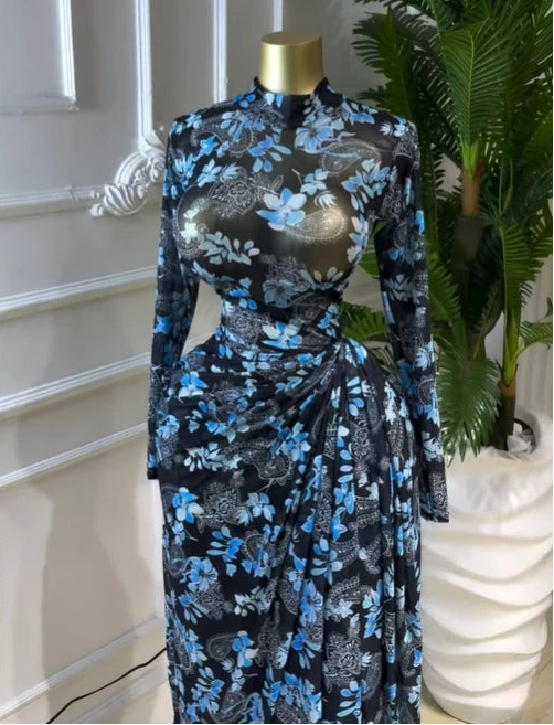 Floral Mesh Draped Wrap Maxi Dress