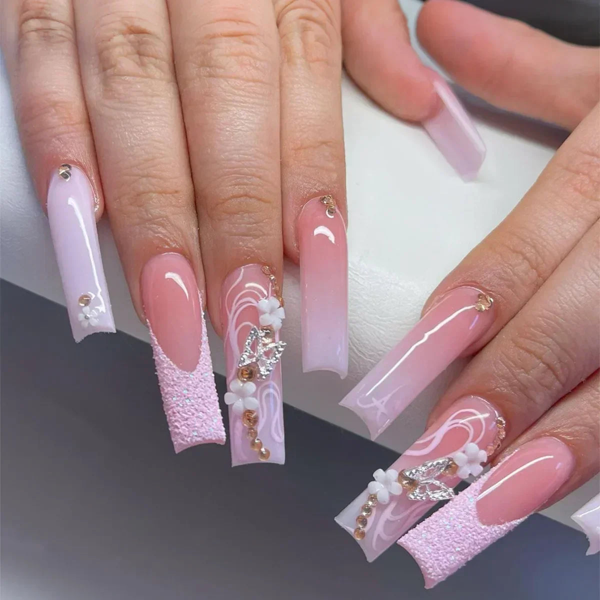 Diamond & Gold Butterfly Press-On Nails – 24pcs Long Elegant Acrylic
