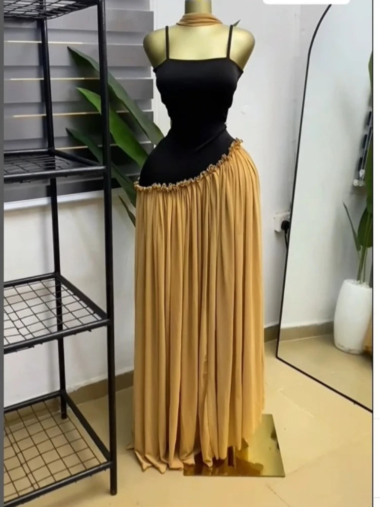 Patchwork Ruffle Strap A-Line Maxi Dress with Scarf