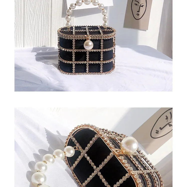 Luxe Pearl & Diamond Metallic Evening Bag