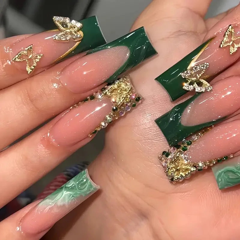 Diamond & Gold Butterfly Press-On Nails – 24pcs Long Elegant Acrylic