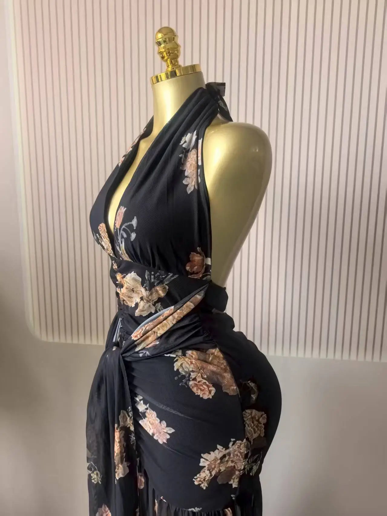 Floral Halter V-Neck Backless Ruched Ruffle Maxi Dress