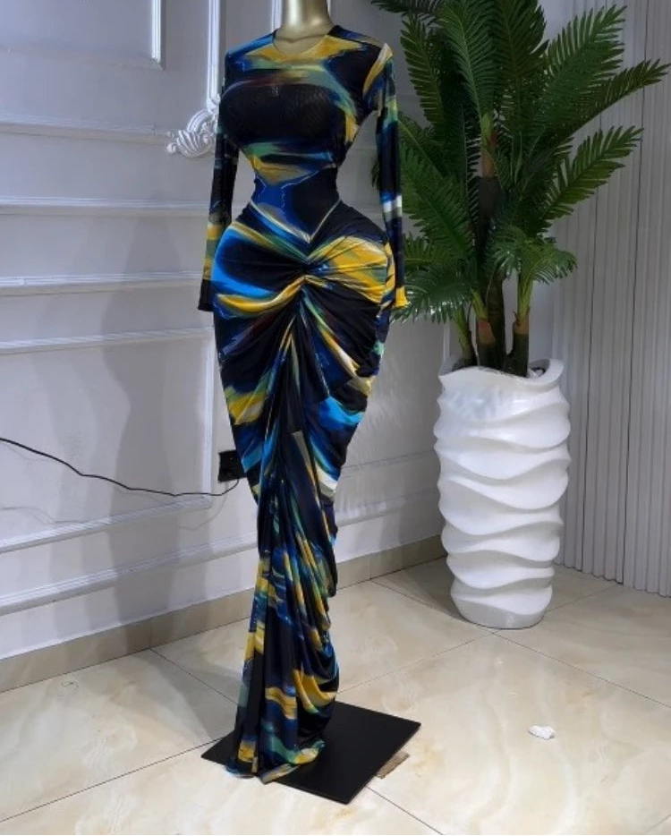Tie Dye Ruched Bodycon Maxi Dress – Long Sleeve Floor-Length Vacation Dress