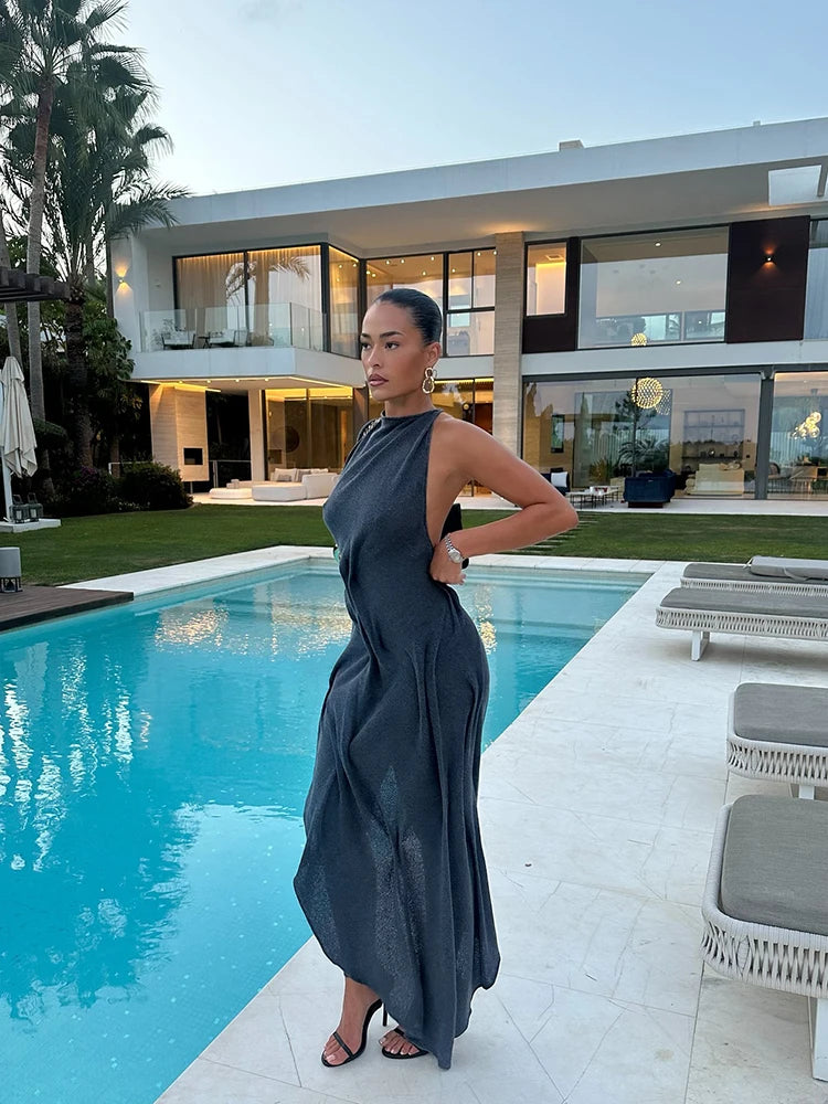 Soft Halter Ruched Asymmetrical Maxi Dress