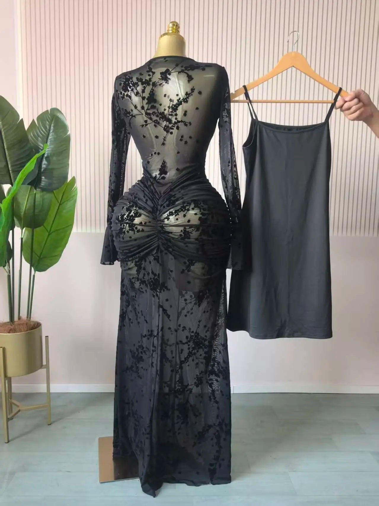 Mesh Bodycon Flare Sleeve Maxi Dress
