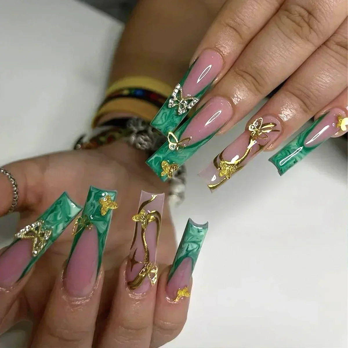 Diamond & Gold Butterfly Press-On Nails – 24pcs Long Elegant Acrylic