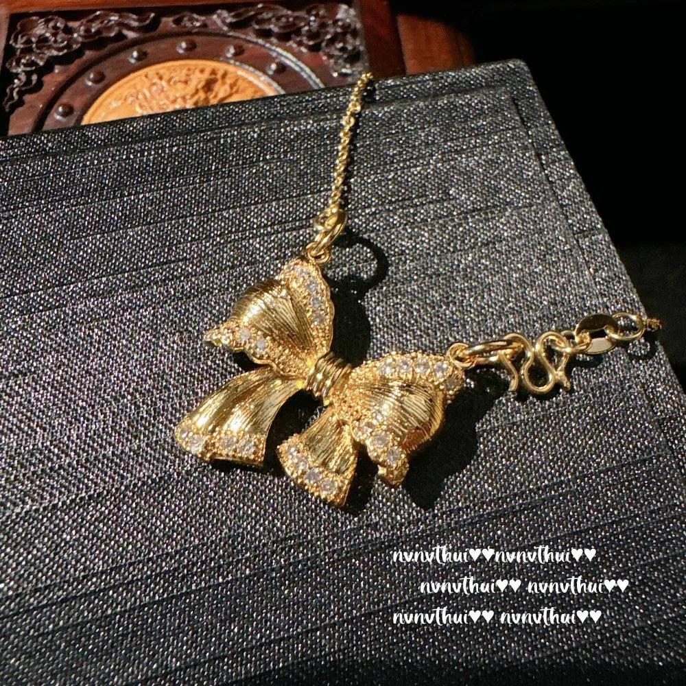 Luxe 18K Gold Bow Gemstone Necklace & Butterfly Zirconia Ring