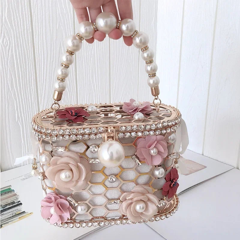 Luxe Pearl & Diamond Metallic Evening Bag
