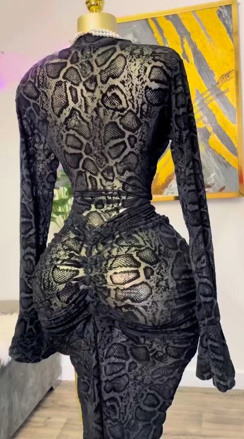 Mesh Bodycon Flare Sleeve Maxi Dress