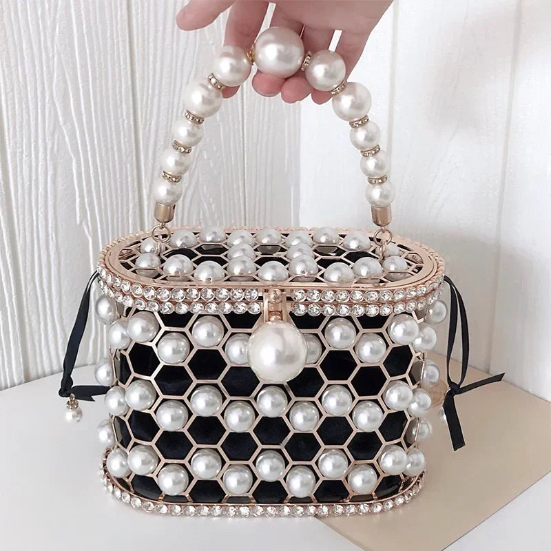 Luxe Pearl & Diamond Metallic Evening Bag