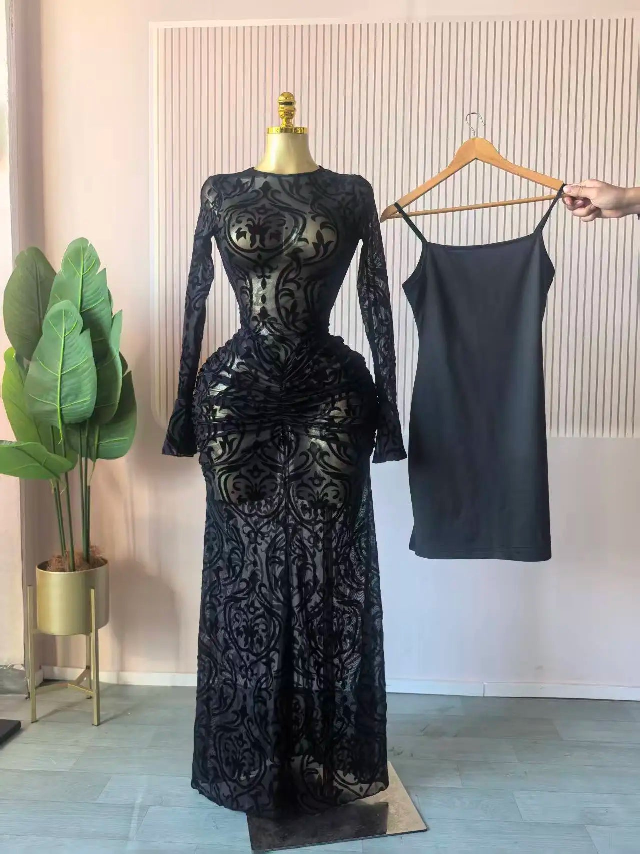 Mesh Bodycon Flare Sleeve Maxi Dress