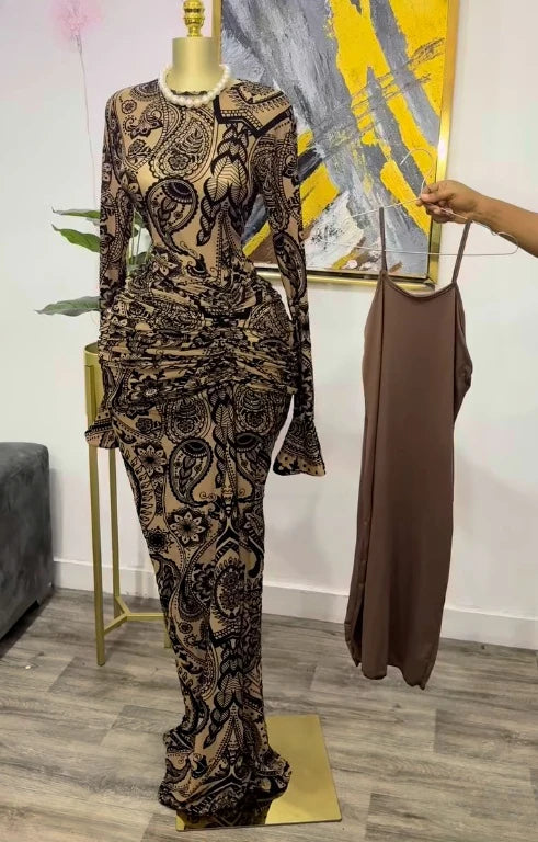 Mesh Bodycon Flare Sleeve Maxi Dress