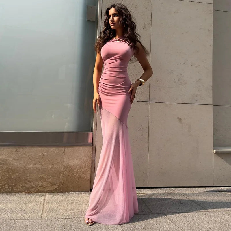 Off-Shoulder Sheer Maxi Dress – Backless Evening Gown