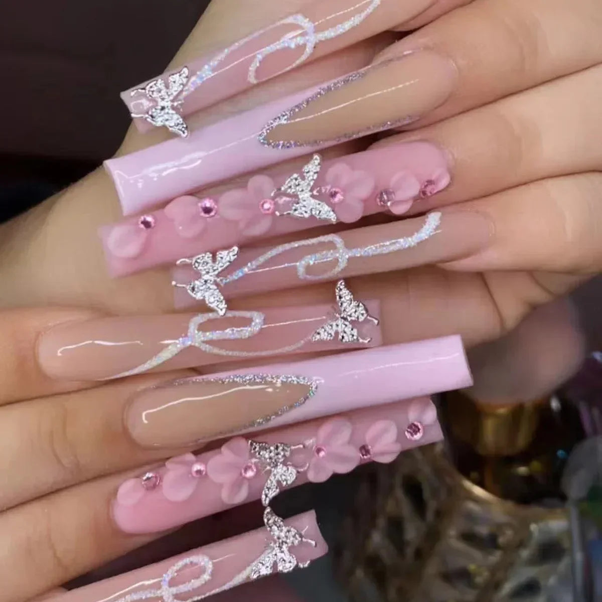 Diamond & Gold Butterfly Press-On Nails – 24pcs Long Elegant Acrylic