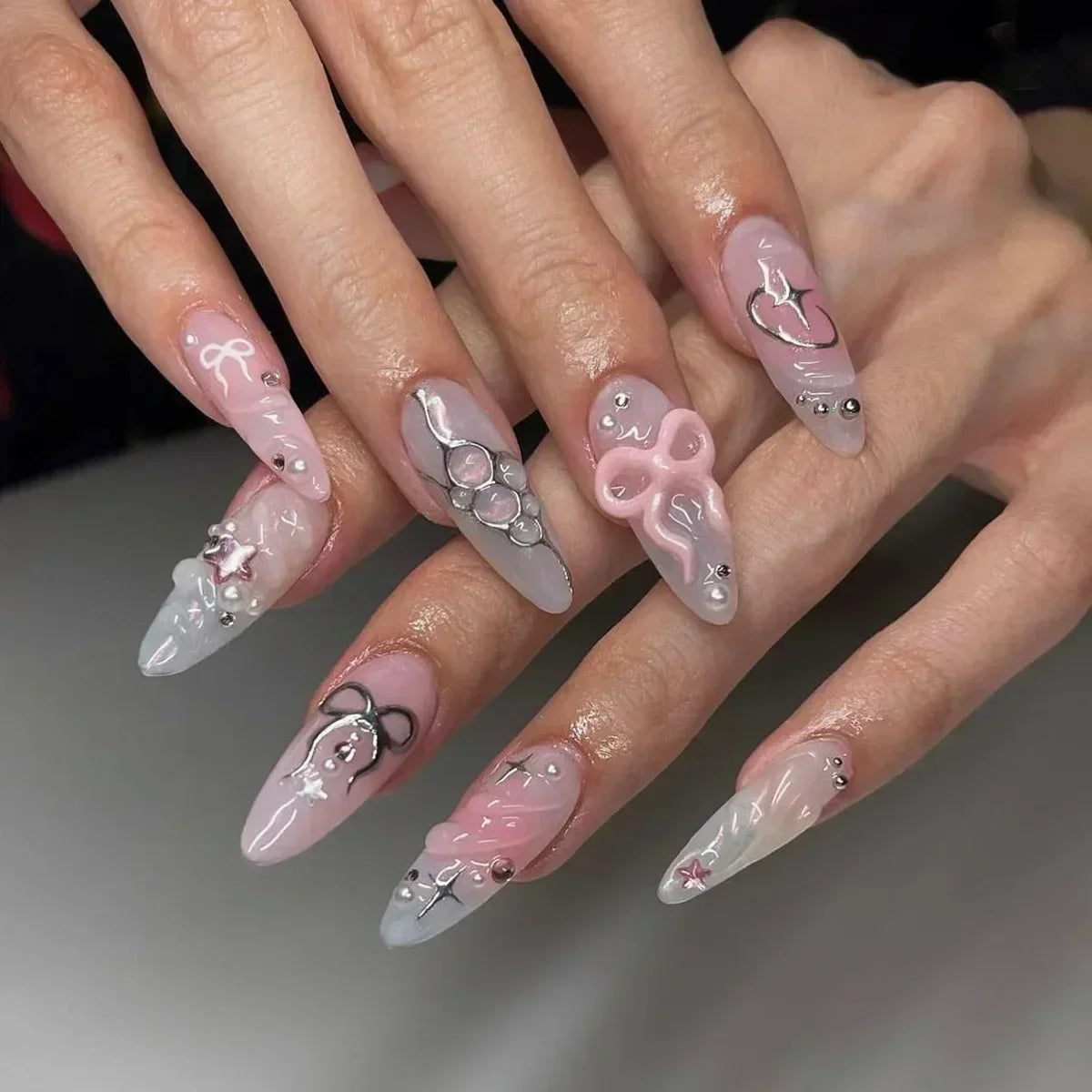 3D Love Glitter Pink Almond Press-On Nails (24pcs)