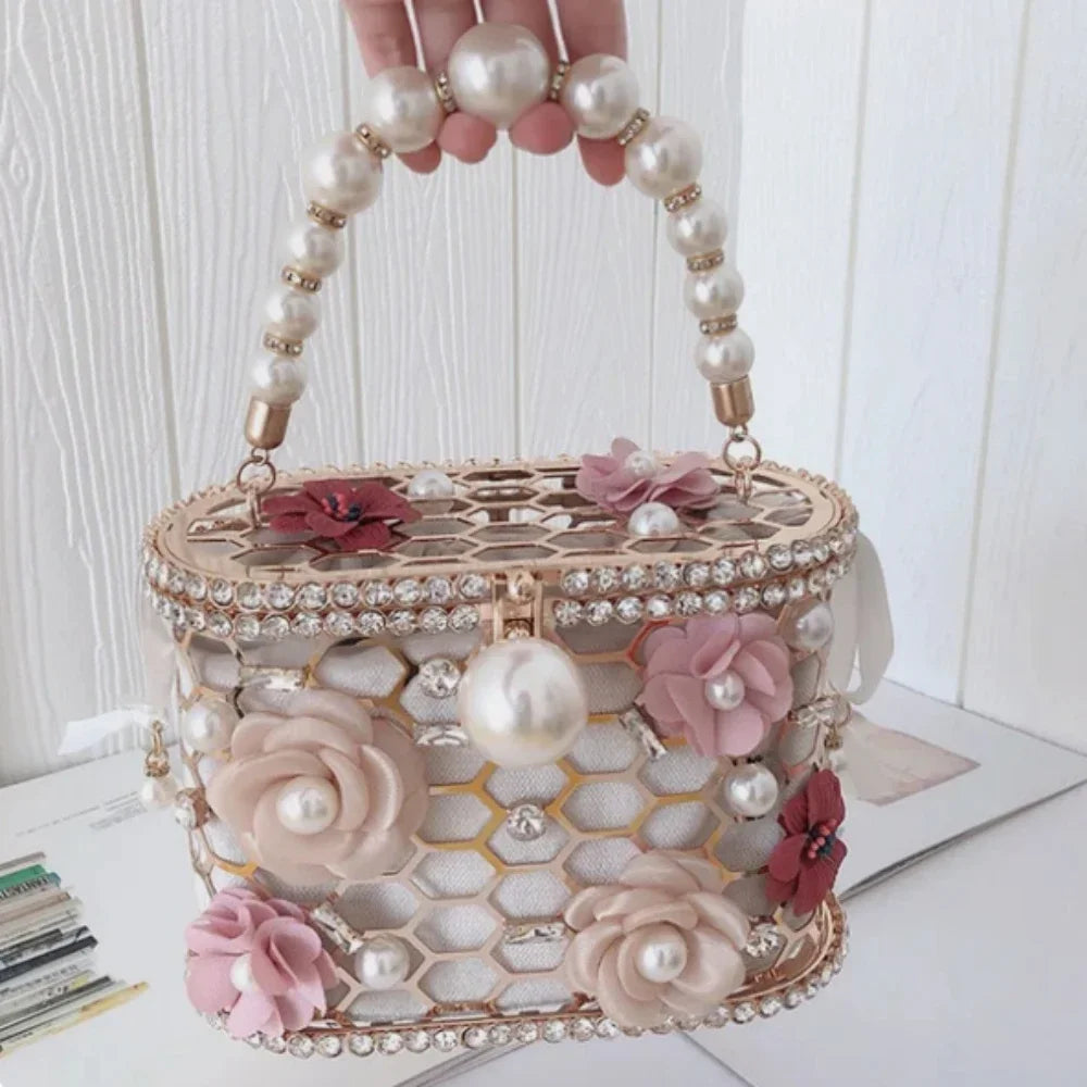 Luxe Pearl & Diamond Metallic Evening Bag