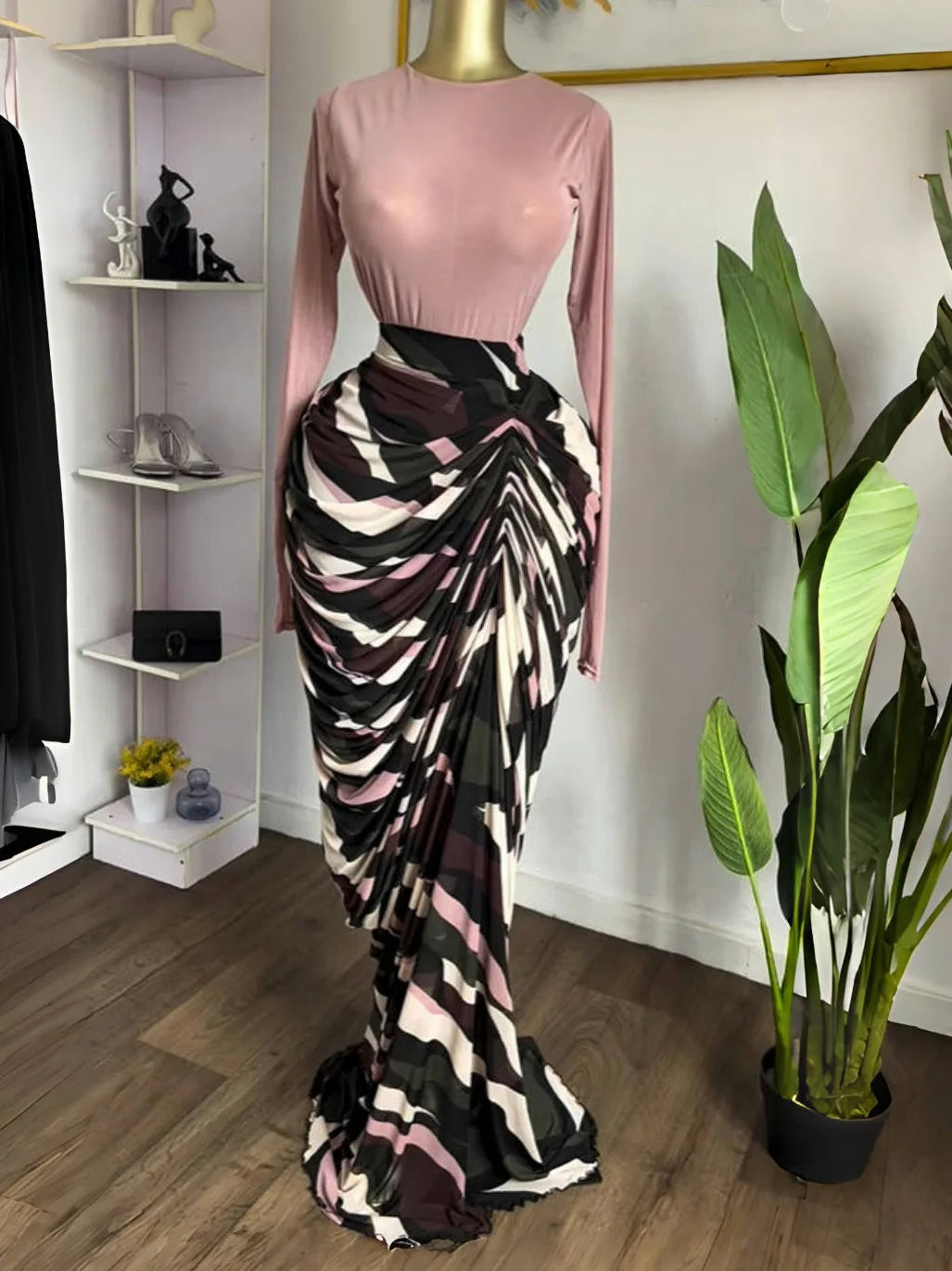 Tie Dye Patchwork Pleated Maxi Dress – Long Sleeve Bodycon Floor-Length Dress
