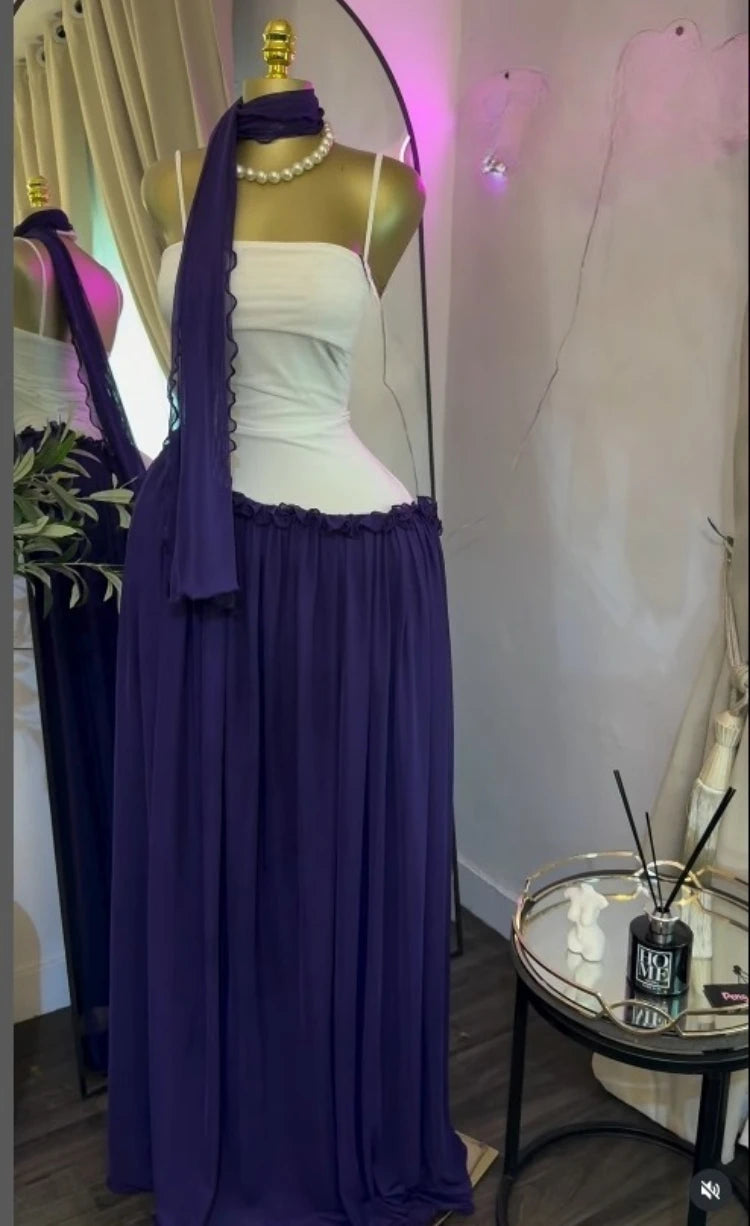Patchwork Ruffle Strap A-Line Maxi Dress with Scarf