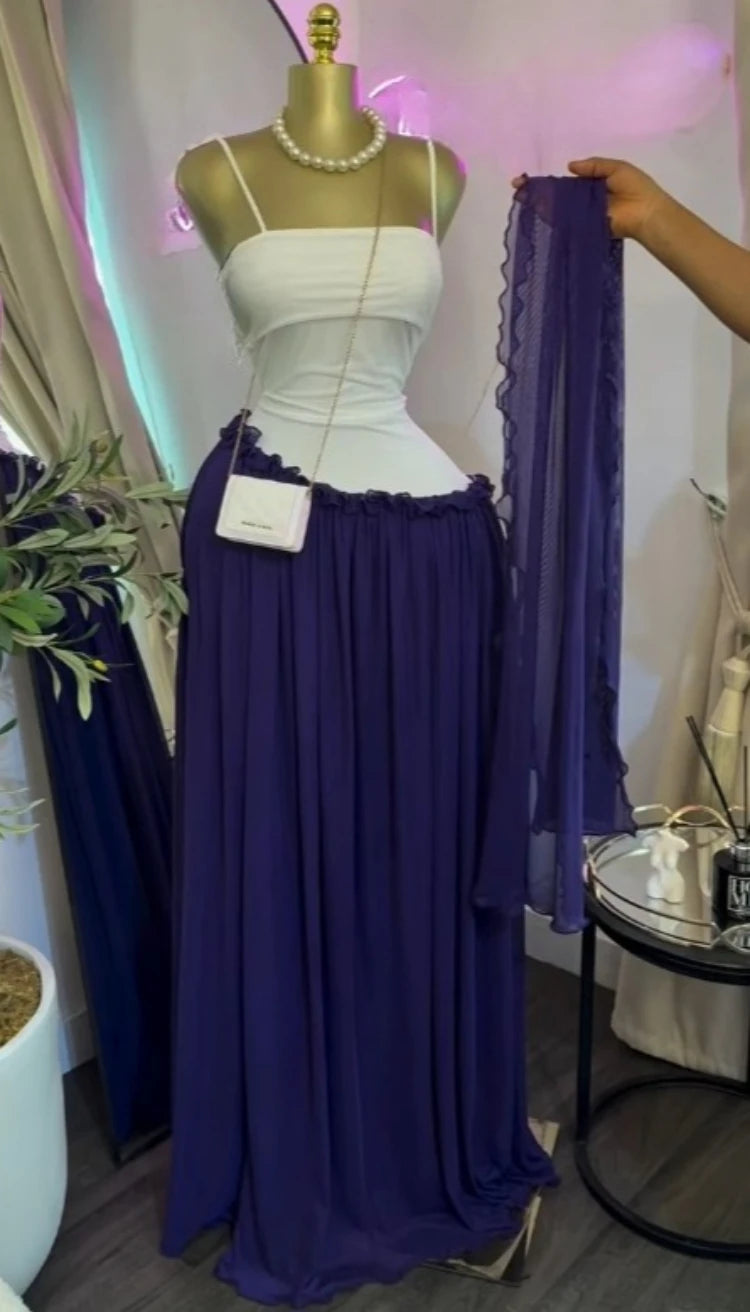 Patchwork Ruffle Strap A-Line Maxi Dress with Scarf