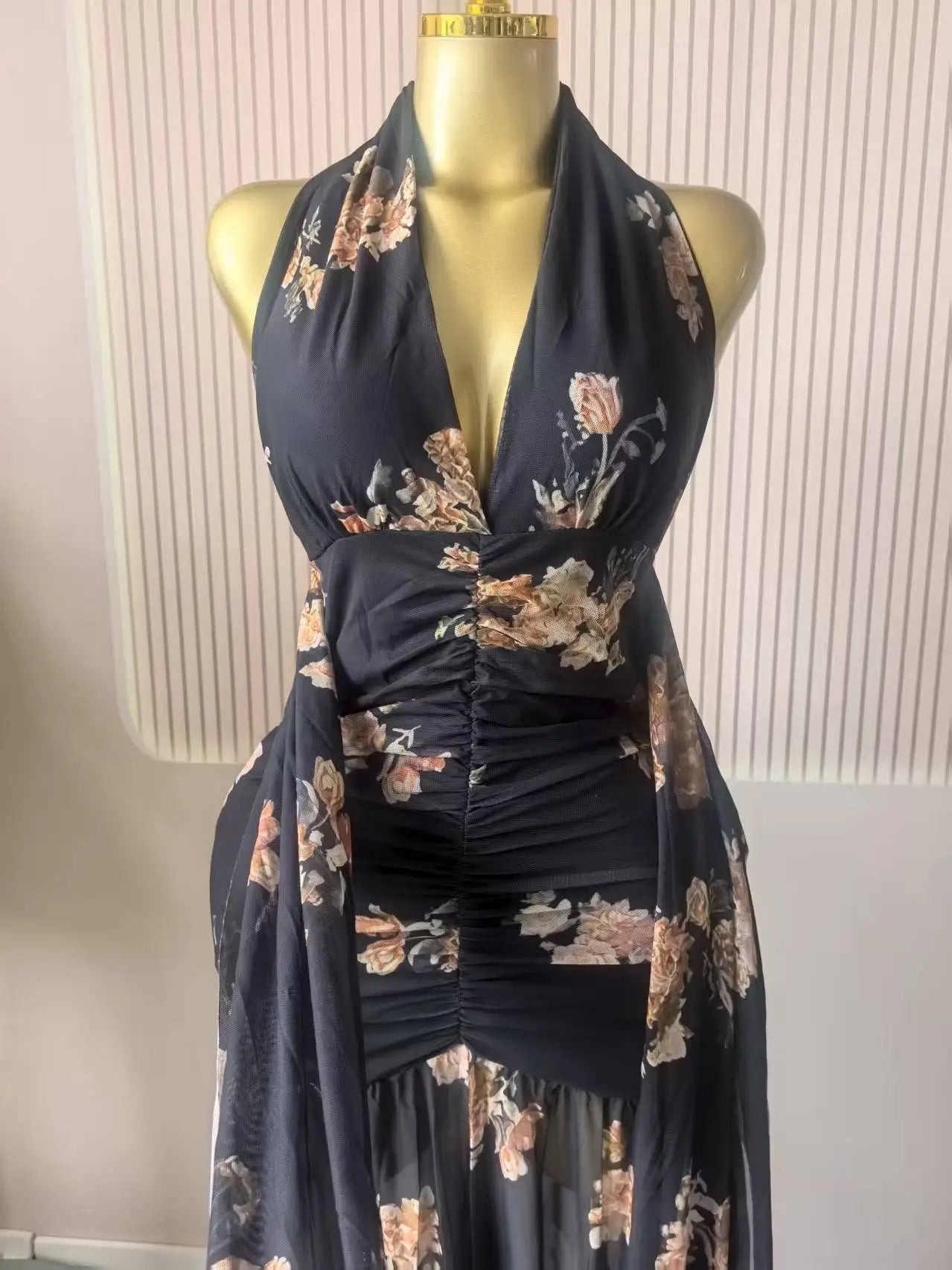 Floral Halter V-Neck Backless Ruched Ruffle Maxi Dress