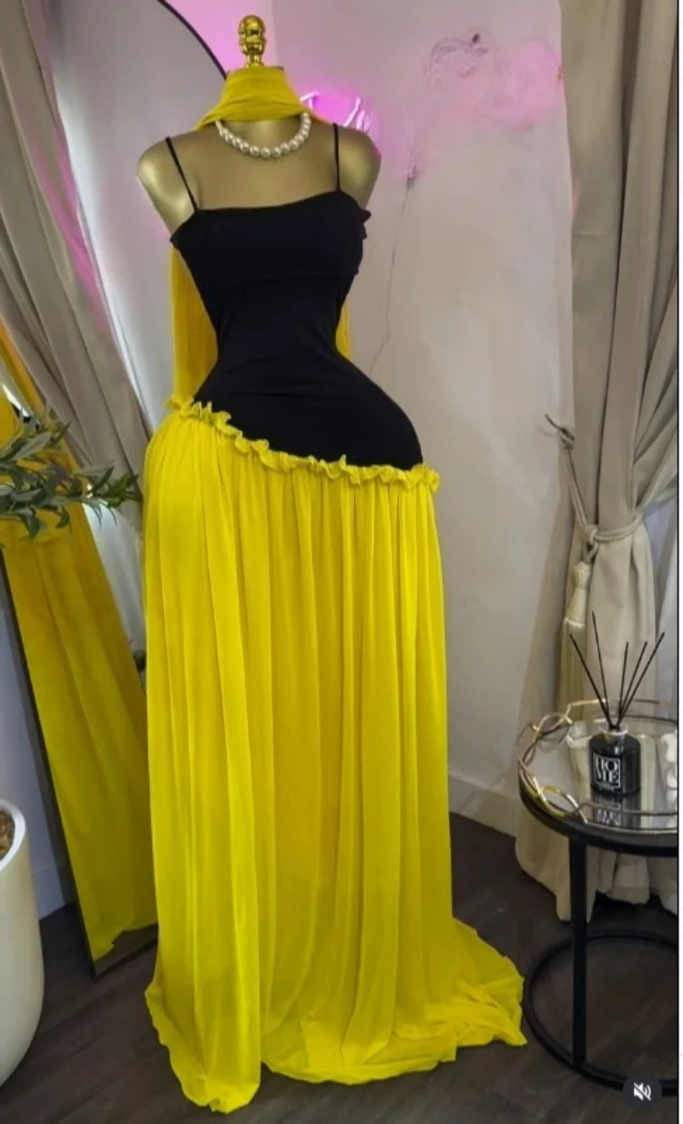 Patchwork Ruffle Strap A-Line Maxi Dress with Scarf