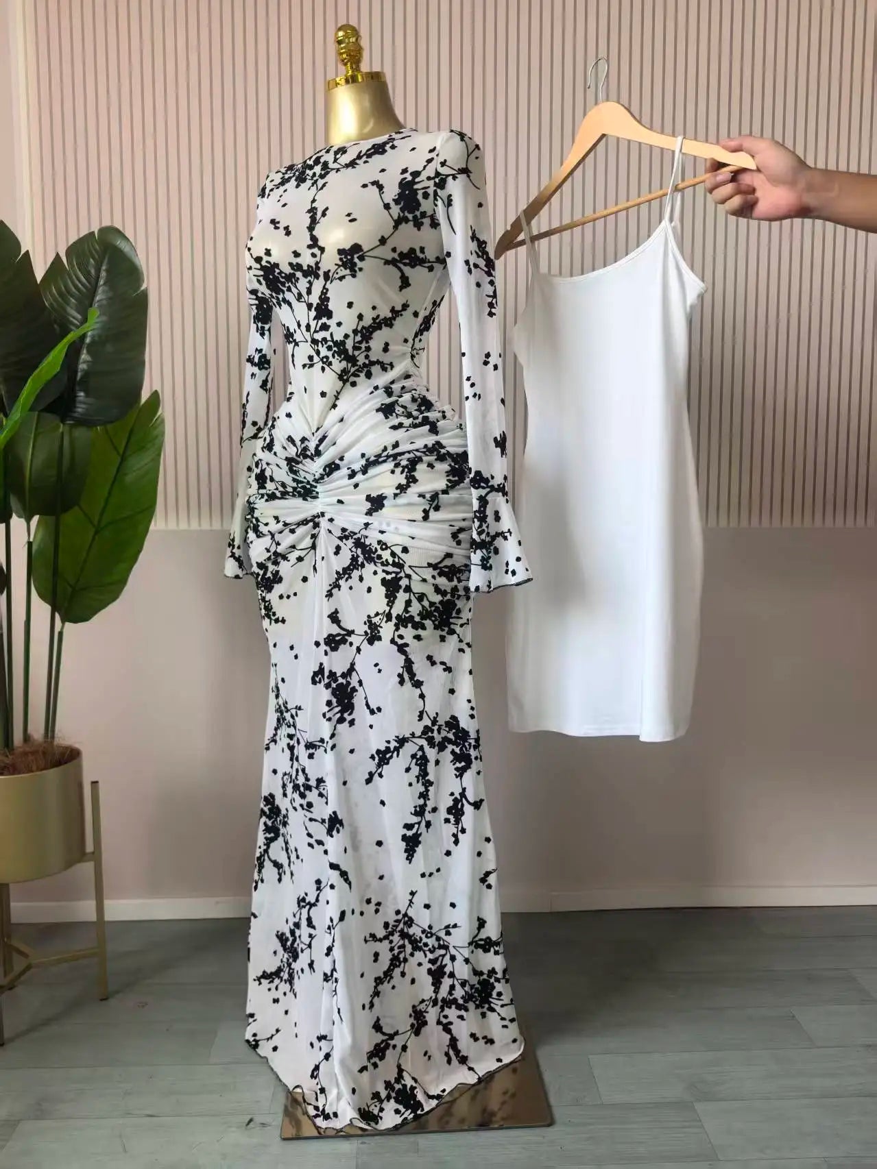 Mesh Bodycon Flare Sleeve Maxi Dress