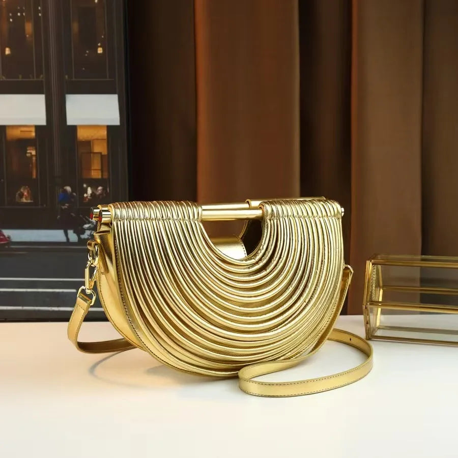 Gold Handwoven Noodle Hobo Bag – Luxury Half Round Evening Clutch