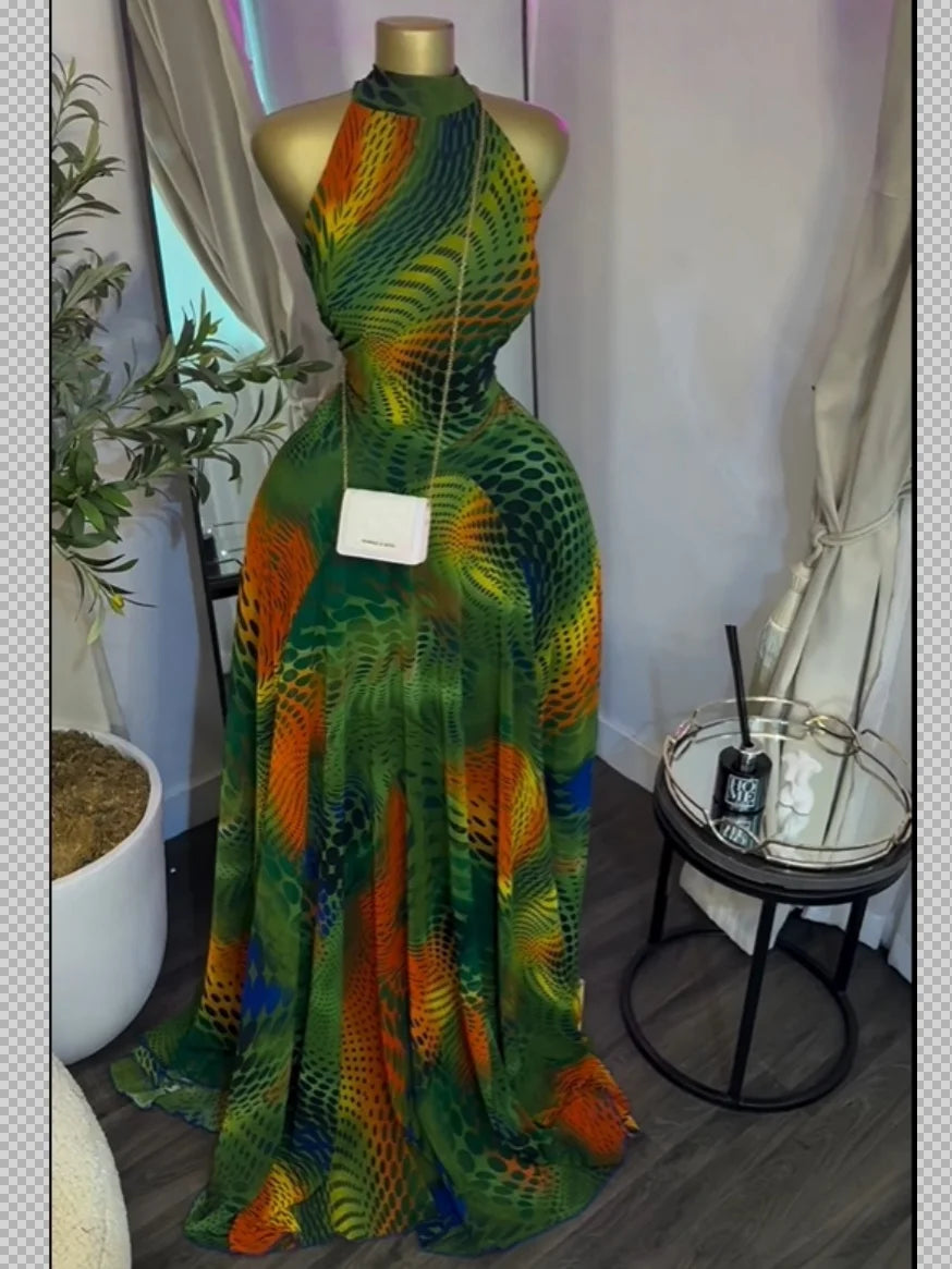 Sleeveless Mermaid Maxi Dress – Floral Print Floor-Length Evening Dress